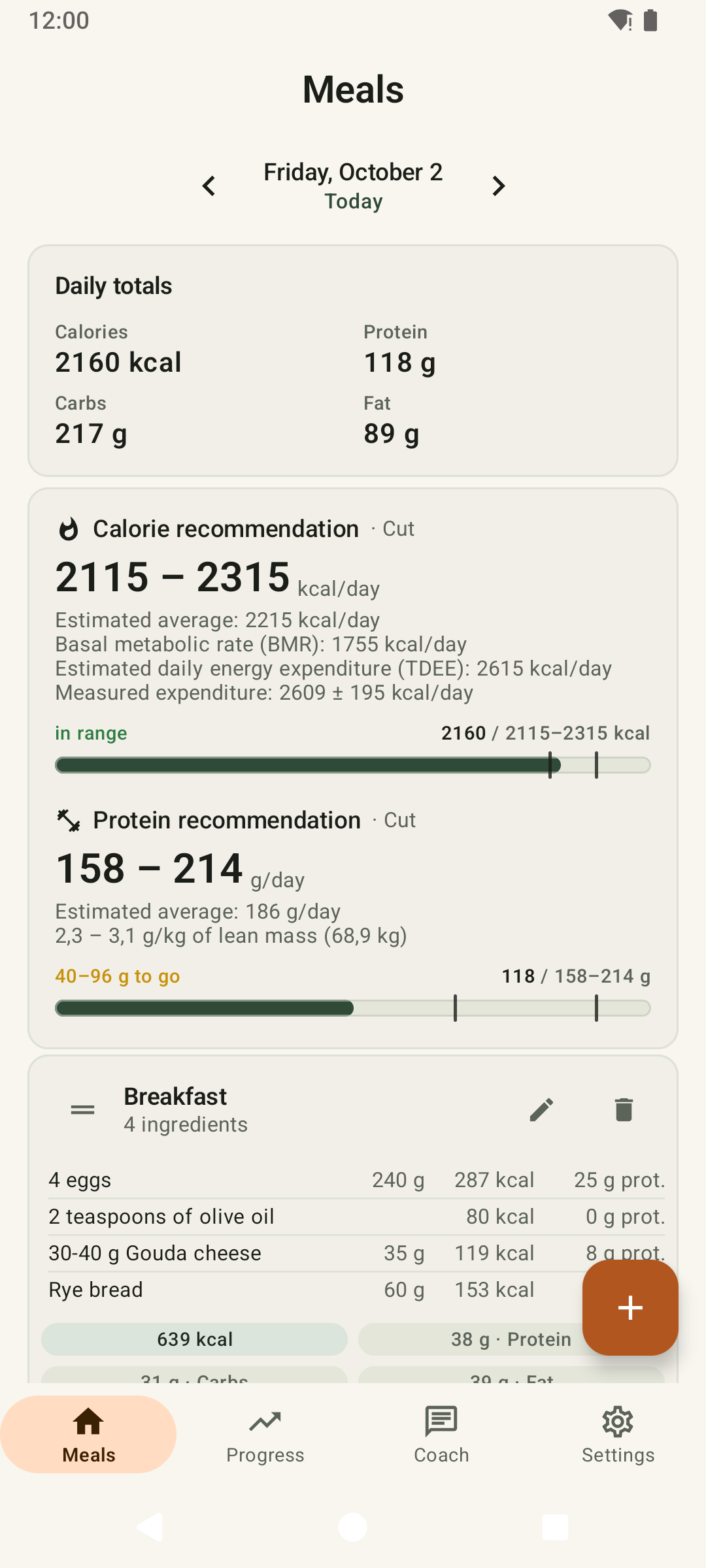 The day's meals with calorie and protein targets
